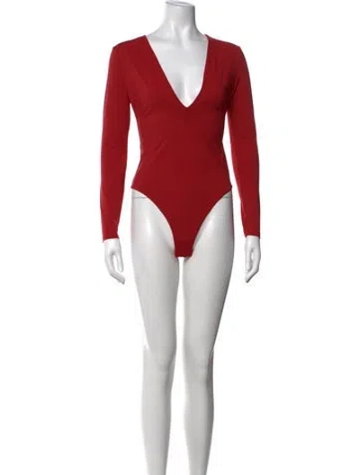 Pre-owned Fleur Du Mal Plunge Neckline Long Sleeve Bodysuit In Red