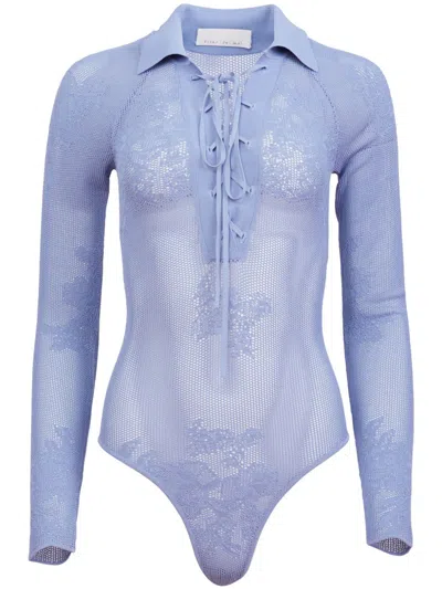 Fleur Du Mal Pointelle Long Sleeve Bodysuit In Blue