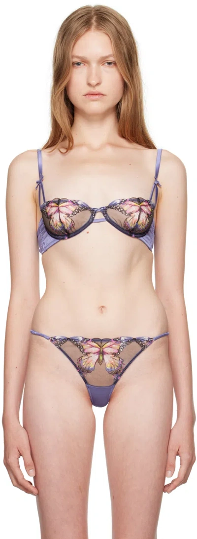 Fleur Du Mal Purple Butterfly Embroidery Balconette Bra In 0566 Periwinkle