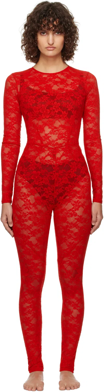 Fleur Du Mal Red 'le Stretch Lace' Jumpsuit In 0323 Rouge
