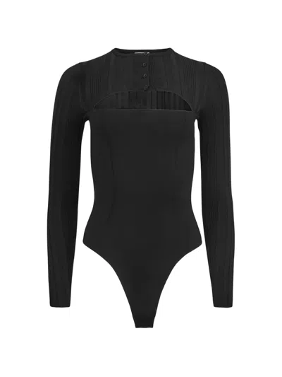 Fleur Du Mal Ribbed Button Bodysuit In Black