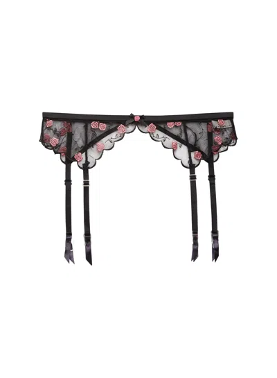 Fleur Du Mal Rose & Vine Embroidery Garter Belt In Black