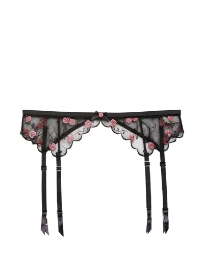 Fleur Du Mal Rose & Vine Embroidery Garter Belt In Black