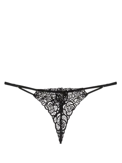 Fleur Du Mal Rose-embroidered V-string In Black