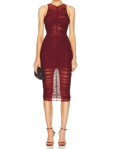 Fleur Du Mal Ruched Front High Neck Dress In Cinnamon In Burgundy