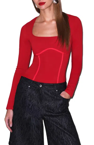Fleur Du Mal Scoop Neck Long Sleeve Bodysuit In Red