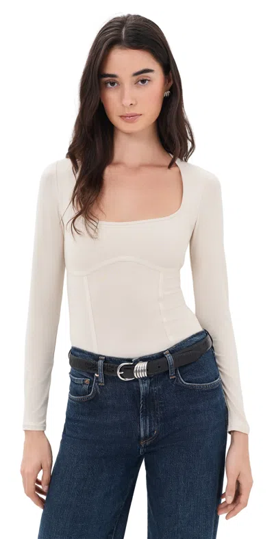 Fleur Du Mal Scoop Neck Long Sleeve Thong Bodysuit Cream Pearl In Brown
