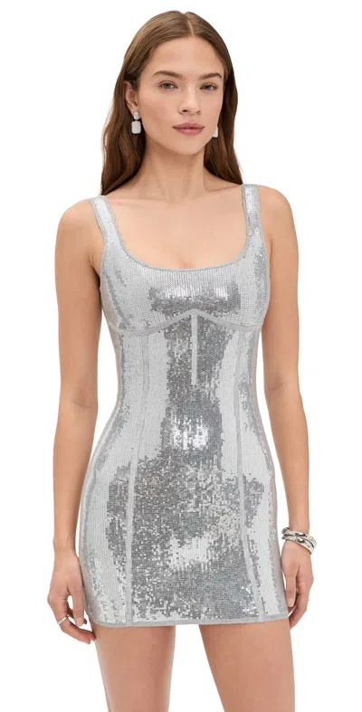 Fleur Du Mal Sequin Knit Corset Mini Dress Platinum In Silver