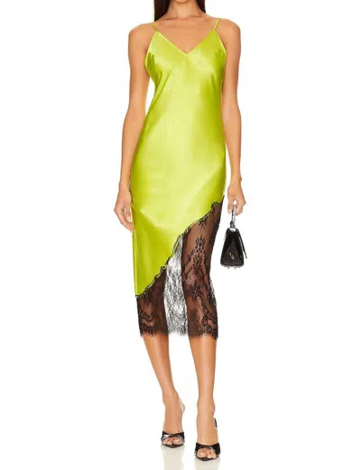 FLEUR DU MAL SILK & CHANTILLY LACE MIDI SLIP DRESS IN VOLT