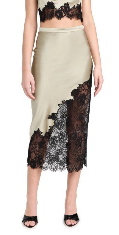 Fleur Du Mal Silk And Lace Scallop Midi Skirt Olive Green