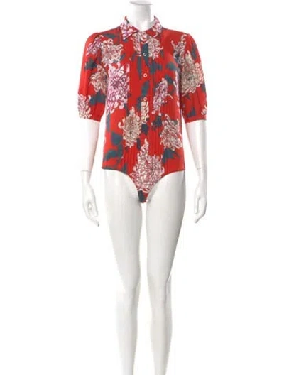 Pre-owned Fleur Du Mal Silk Floral Print Bodysuit In Red