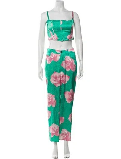 Pre-owned Fleur Du Mal Silk Floral Print Pant Set In Green