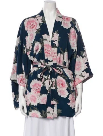Pre-owned Fleur Du Mal Silk Floral Print Robe In Blue
