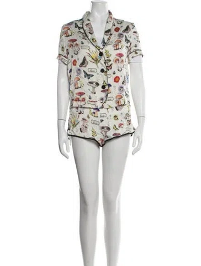 Pre-owned Fleur Du Mal Silk Graphic Print Short Set In White