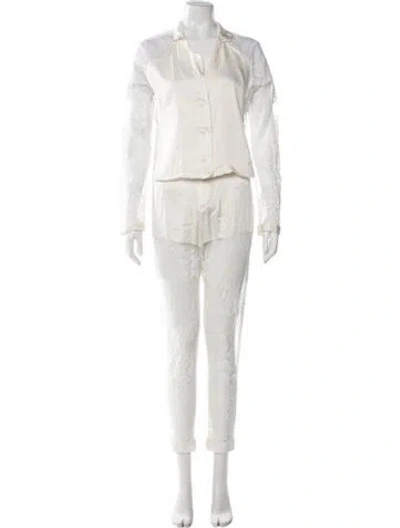 Pre-owned Fleur Du Mal Silk Lace Pattern Pant Set In White