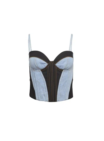 Fleur Du Mal Denim Bustier Top In Black And Lightwash Denim