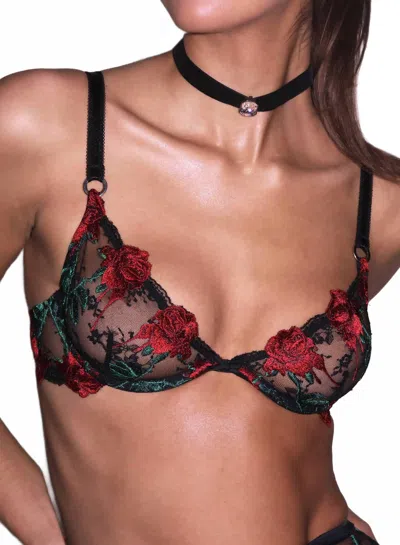 Fleur Du Mal Vampire Rose Embroidery Demi Bra In Black In Multi