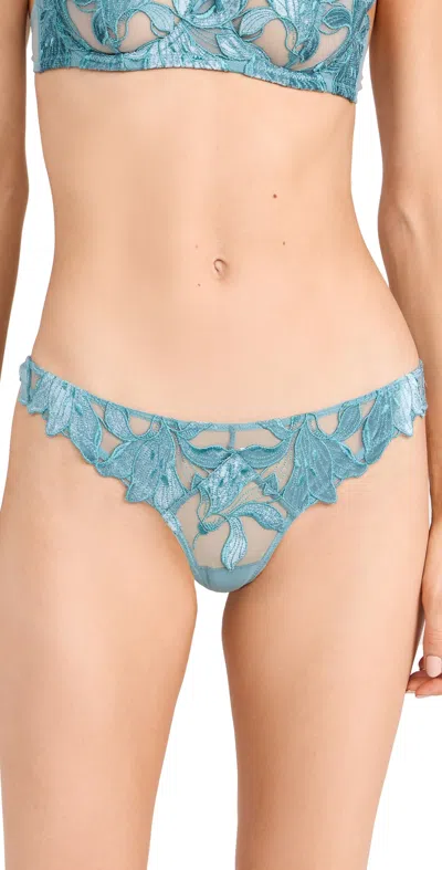 Fleur Du Mal Velvet Lily Embrodiery Thong Icy Teal