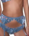 Fleur Du Mal Velvet Lily Embroidered Garter Belt In Icy Teal