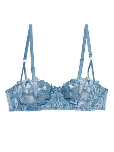 Fleur Du Mal Velvet Lily Embroidery Balconette Bra In Icy Teal