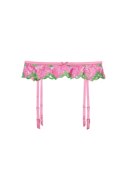 Fleur Du Mal Strawberry-motif Semi-sheer Garter Belt In Pink Cadillac