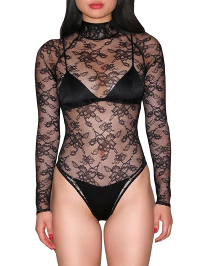 Fleur Du Mal High Neck Lace Bodysuit In Black