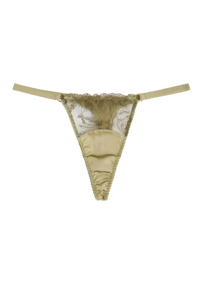 Fleur Of England Arianna Embroidered Silk-blend Satin Thong In Sage