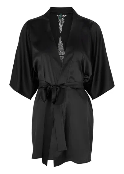 Fleur Of England Onyx Silk-blend Satin Robe In Black