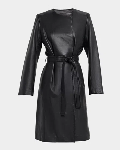 Fleurette Evelyn Leather Wrap Coat In Black