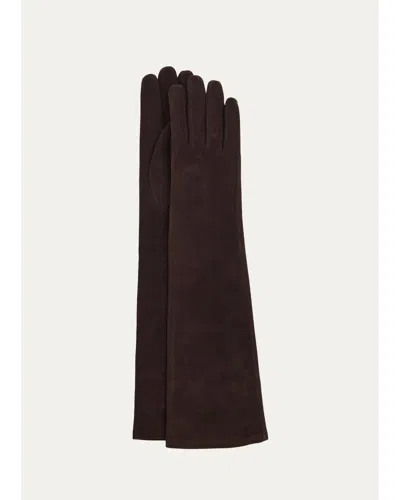 Fleurette Long Suede Gloves In Brown