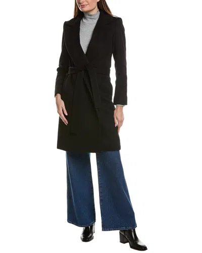 Fleurette Notch Collar Wool Wrap Coat In Black