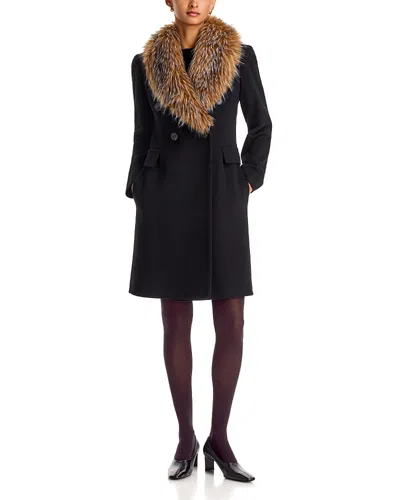 Fleurette Wool Faux Fur Trim Coat In Black