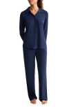 Fleur't Satin Trim Jersey Pajamas In Blue