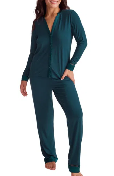 Fleur't Tuxedo Satin Trim Pajamas In Deep Spruce