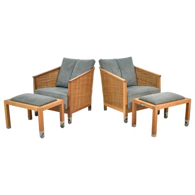 Pre-owned Flexform Pair Of  "mozart" Lounge Chairs & Ottomans/ Tables In Brown