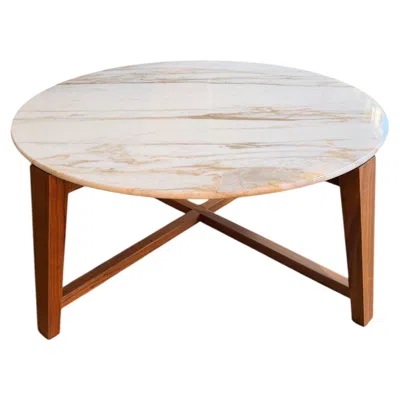 Pre-owned Flexform Tris Coffee Table Or Side Table, Walnut And Glossy Marble Calacatta In Brown