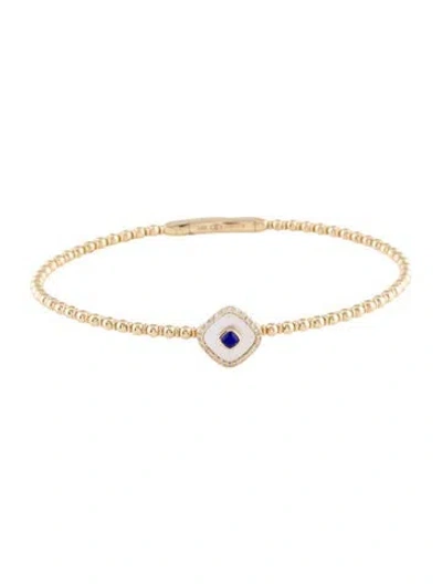 Pre-owned Flexie 14k Mother Of Pearl, Lapis Lazuli & Diamond Station Bracelet, 6.75" In Multi