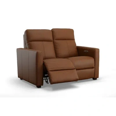 Flexsteel Broadway Leather Power Reclining Loveseat With Power Headrests In Cinnamon Leather Match