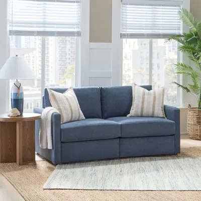 Flexsteel Flex Square Arm Modular Loveseat With Reversible Cushions In Blue Polyester Blend