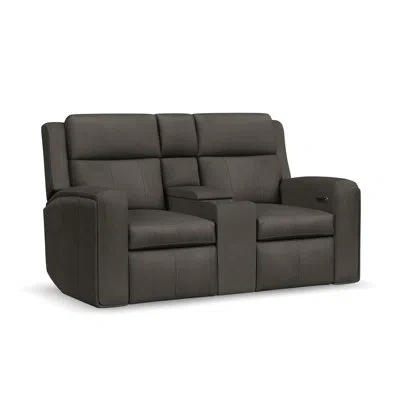 Flexsteel Harrison Power Reclining Loveseat With Console, Power Headrests & Lumba In Gray