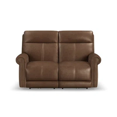 Flexsteel Sterling Power Reclining Loveseat With Power Headrests & Lumbar In Brown Genuine Leather