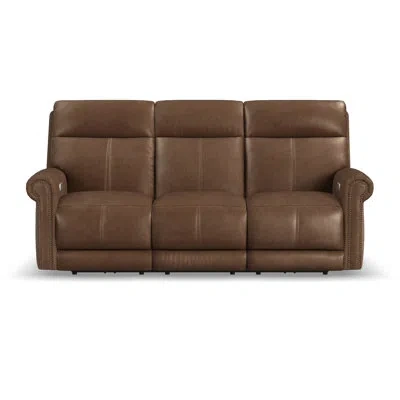 Flexsteel Sterling Power Reclining Sofa With Console, Power Headrests & Lumbar In Brown Genuine Leather