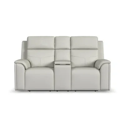 Flexsteel Titus Reclining Loveseat With Console, Power Headrests, Lumbar, Heat & Massage In Gray