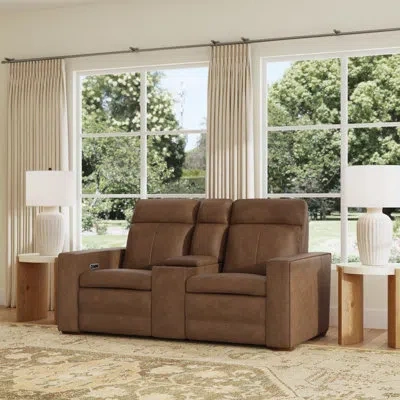 Flexsteel Windsor Power Reclining Loveseat With Console, Power Headrests, Lumbar In Brown