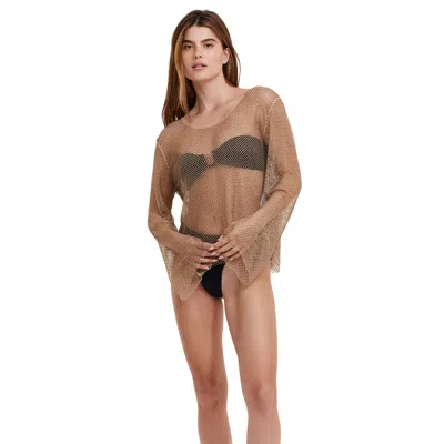 Flirtt Gottex Rhinestone Lattice Long Sleeve Cover Up In Brown