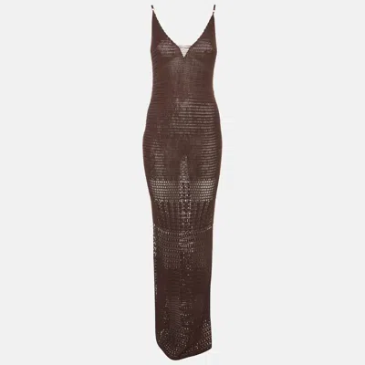 Pre-owned Flook The Label Brown Crochet Knit Strappy Sheer Kaira Dress S