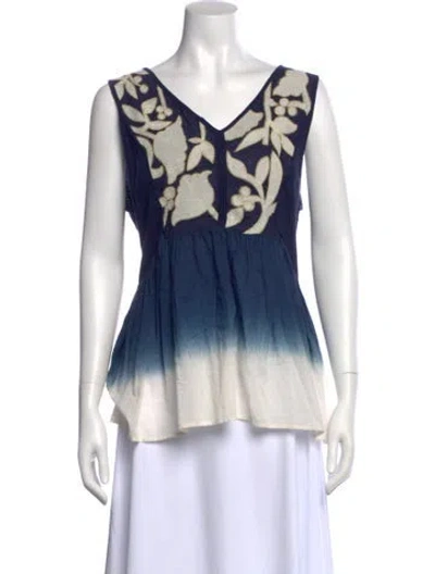 Pre-owned Flor Et.al Printed V-neck Blouse In Blue