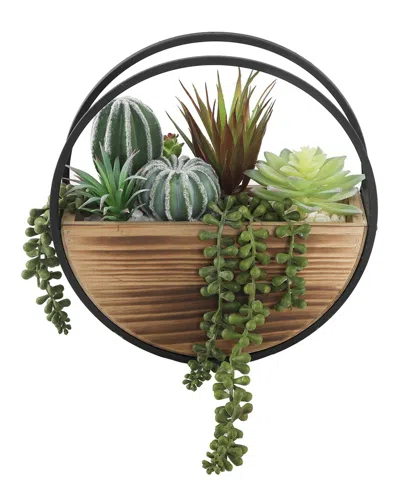 Flora Bunda 11in Round Wood & Metal Wall Succulent Mix In Brown