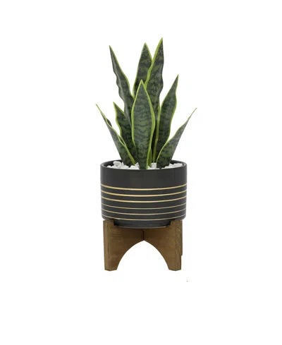 Flora Bunda 12" Artificial Snake Plant In 4.75" Ceramic Planter On Wood Stand In Gray
