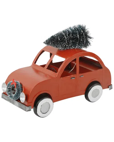 Flora Bunda 13in L Led Tin Car W/ Tree In Red